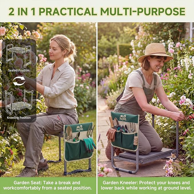 2-in-1 Garden Kneeler and WorkSeats Heavy Duty, Foldable Garden Bench with Wider & Thicker EVA Pad, Portable Gardening Stool with Exclusive Tool Handbag & Color Box, Garden Gifts for Senior