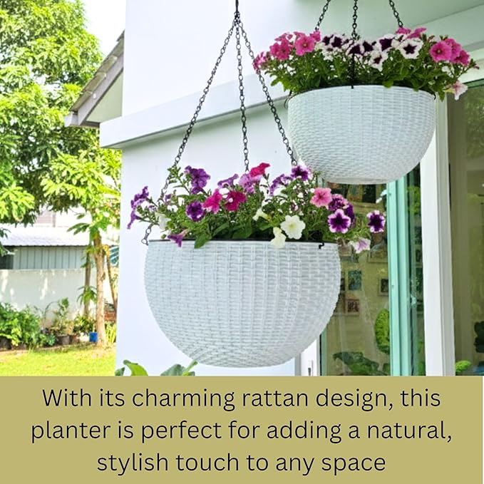 LaLaGreen Hanging Planters for Indoor Plants (11 Inch, 3 Pack) Self-Watering Round Flower Pots with Water Level Indicator, White Rattan Style Baskets with Metal Chain for Balcony, Porch Garden Outdoor