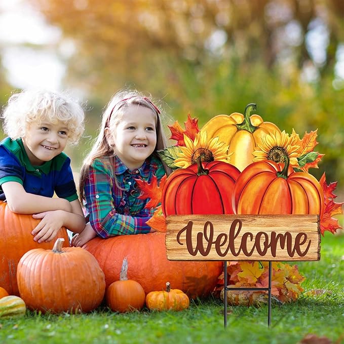 JarThenaAMCS Thanksgiving Yard Sign Metal Fall Pumpkin Yard Stakes Maple Leaves Garden Stake Decorations Welcome Sign for Autumn Harvest Outdoor Lawn Patio Walkway Decor