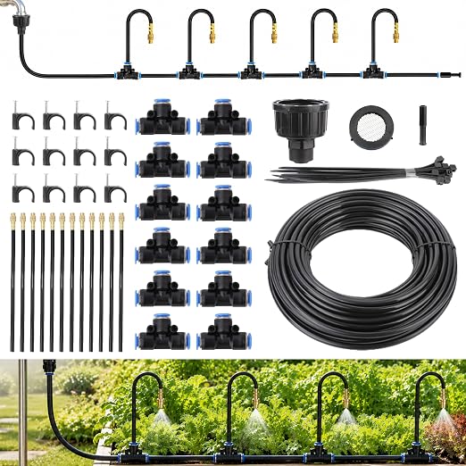 360° Adjustable Micro Drip Irrigation System, 12 Brass Sprinkler Heads & Bendable Stems, Automatic Watering Kit with 1/4" Tubing for Raised Bed, Lawn, Vegetable & Outdoor Plants (200ft)