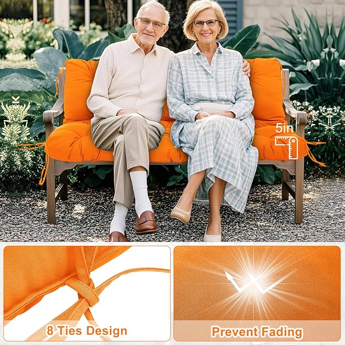 Porch Swing Cushions 2 Seater Replacement Thicken 5" Waterproof & Fade Resistant Swing Cushions for Outdoor Furniture Bench Patio Swing Cushion with Backrest & Ties(Orange 48x40x5inch)