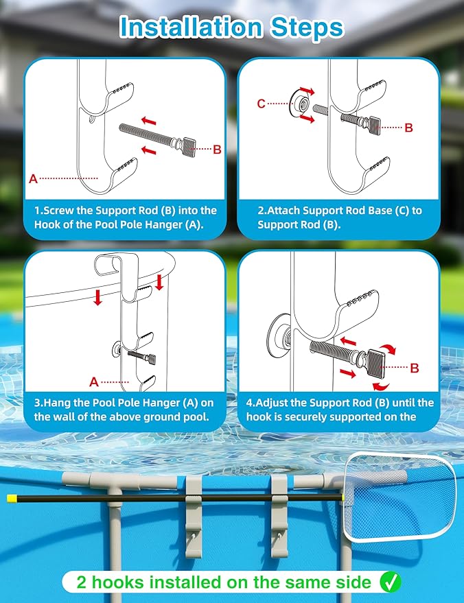 POOLHOUR Pool Hooks for Poles - Adjustable 3-Hook Pool Pole Hanger for Above Ground Pool Accessories,Skimmer & Cleaning Tool Bracket for Above Ground Pool Maintenance[Patented]