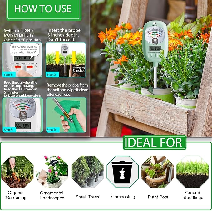 HSLGOVE Soil Test Kit, 7-in-One Soil Moisture Meter/Soil PH Meter/Fertility, Dual Screen Soil Tester w/Digital Soil Temp/Air Temp&Humidity for Plants Gardening,Lawn,Farm Indoor&Outdoor-Mint Green