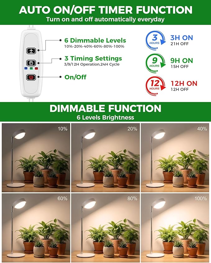 Plant Grow Light, Full Spectrum Grow Lights LED Spotlight with Metal Base, Desk Plant Growing Lamps with Auto On Off Timer 3/9/12H, 6 Brightness Levels, 9.8-25.6'' Adjustable Height