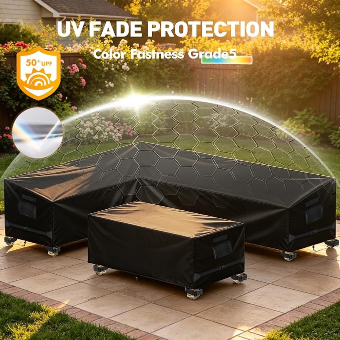 Outdoor L-Shaped Sectional Cover and Patio Table Cover Waterproof, 2PCS 420D Patio Furniture Covers, Fit 6-Seater Outdoor Sectional Furniture Couch and Tables, Triple Windproof and Anti-UV, Black