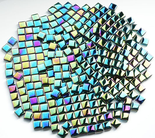 Iridescent Square Mosaic Tiles for Crafts, 300G Small Crystal Mosaic Glass Pieces Bulk for Mosaic Beginner, 0.41”x0.41” Tile for Art Glass Project, Ideal for Handmade Mosaic Home Decor, Black