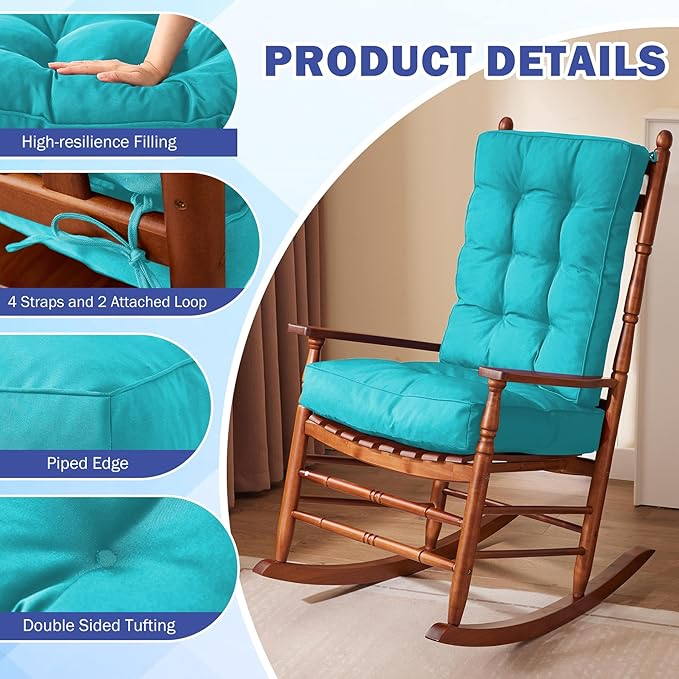 IPYNBAP Rocking Chair Cushion, Waterproof and Fade-Resistant Patio Chair Cushions, Tufted Chair Pads for Rocker Furniture, 17x17 Inch, Indoor/Outdoor Seat Cushions with Ties, Teal Blue
