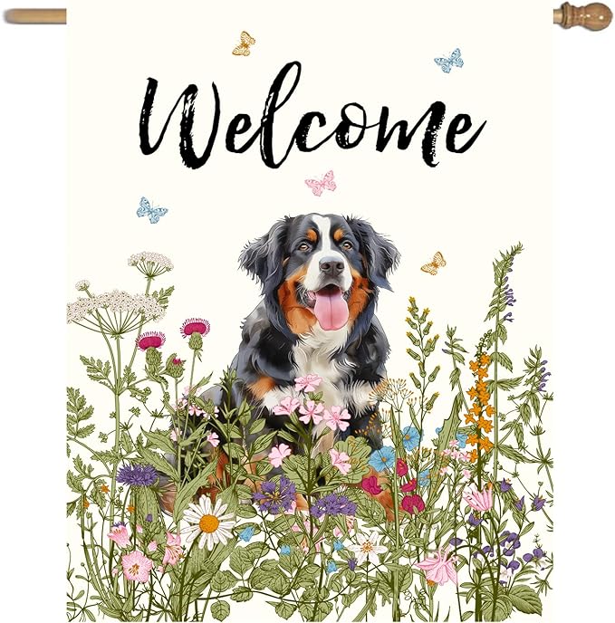 Floral Bernese Mountain Garden Flag Spring Summer House Flags 28 x 40 Double Sided Flower Dog Yard Flags for Outside Large Outdoor Welcome Flags
