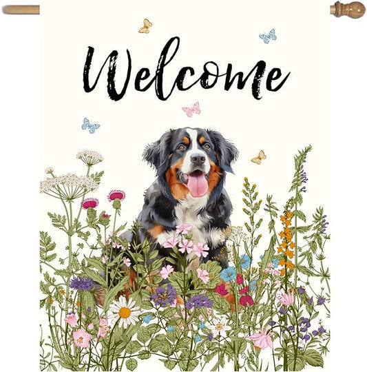 Floral Bernese Mountain Garden Flag Spring Summer House Flags 28 x 40 Double Sided Flower Dog Yard Flags for Outside Large Outdoor Welcome Flags