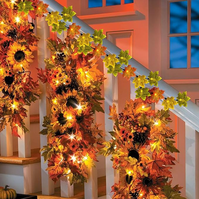 GOOTHY Fall Decor Multicolored Maple Leaf String Lights, 13.6Ft LED Thanksgiving Decorations Lights Plug in with 35 Maple Leaves Light for Indoor Outdoor Halloween Fall Party Home Garland