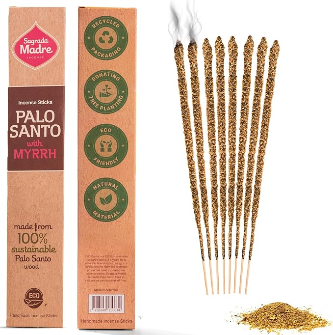 Sagrada Madre 8pcs Wildly Harvested Thick Palo Santo Incense Sticks (Myrrh), 9” Long - Eco Friendly, Non-Toxic, Aromatic Incense Sticks (1hr Burning Time) to Heal & Calm Your Body and Environment