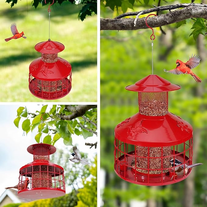Squirrel Proof Bird Feeder with 3 Water Cups, 4.2LB Large Capacity Outdoor Hanging Bird Feeder with Metal Cage, One-Piece Design No Assembly Needed, Weather Resistant & Stylish for Garden, Yard (Red)