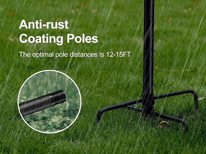 Flanagan String Light Poles 2-Pack,9FT Poles for Outdoor String Lights,Adjustable Metal Light Pole Stand, Light Poles with Hooks & 5-Prong Spiral Sturdy Anchor for Garden, Weddings and Parties
