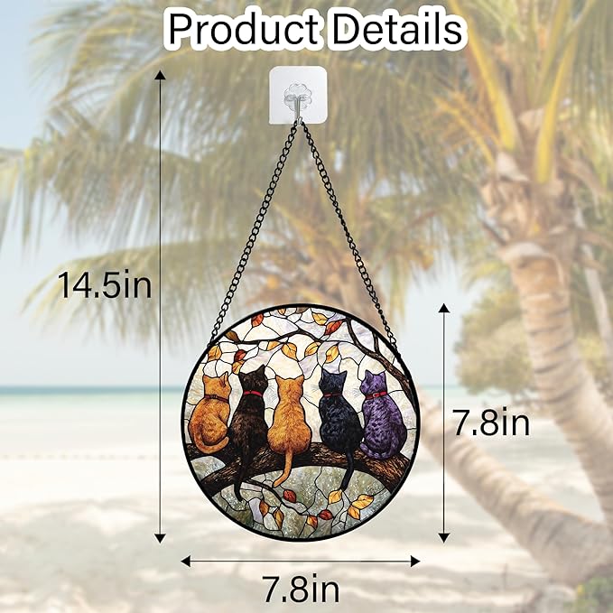 DASTOLL Stained Glass Window Hanging - 5 Cats on a Branch Suncatcher for Window Doors Home Decoration and Christmas, Mother's Day Father's Day Birthday Gifts for Women, Men, and Mom 7.8x7.8 in