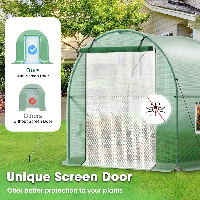 Walk-in Greenhouse, 10x7x7 FT Heavy Duty Tunnel Green House for Outdoors, Portable Green Houses for Outside, Winter Hot House with Metal Frame & Roll-up Zipper Door Screen Windows