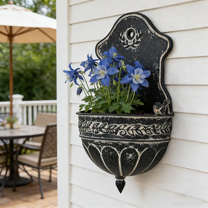 Vintage Distressed Black Metal Wall Planter, Rustic Hanging Pocket Planter with Scrollwork & Scalloped Design, Farmhouse Wall Decor for Indoor & Covered Outdoor Garden, Porch & Entryway