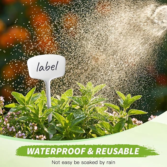 Weysat 100 Pack Outdoor Plant Markers 14.2 Inch Garden Labels with Pen Waterproof T Type Plastic Plant Tags Durable Nursery Garden Markers for Herbs Seed Pot Flowers Vegetable