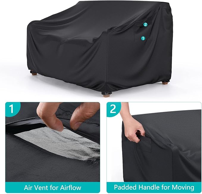 Patio Sofa Cover Waterproof - Heavy Duty 3-Seater Outdoor Couch Cover Patio Furniture Covers with Air Vent and Handles, 104" L×40" D×35" H, Black