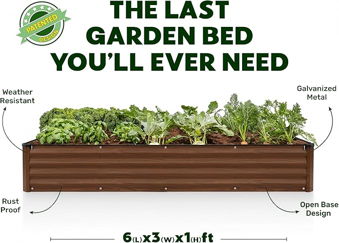 Plant & Plot Galvanized Raised Garden Beds Outdoor // 6×3×1 ft Planter Raised Beds for Gardening, Vegetables, Flowers (Dark Wood Grain) // Large Metal Garden Box // Patented Tool-Free Design