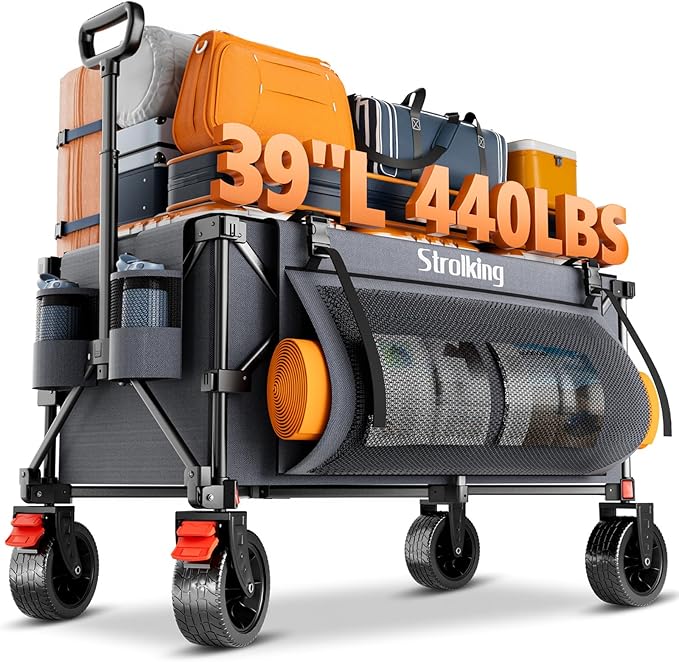 220L Collapsible Wagon Cart, 39" L Extended Frame and 440Lbs Heavy Duty, Lightweight 15lbs Folding Garden Cart with Silent All-Terrain Wheels for Beach, Camping Grass and Grocery, Grey