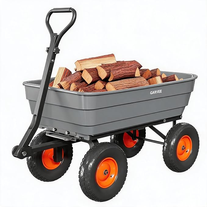 Garvee Poly Garden Dump Cart, Heavy Duty 1200lbs Wheelbarrow Yard Cart Dump Wagon with 13”All Terrain Wheels, Garden Utility Wagon with Quick Release System& Convertible Handle Attach to ATV (Gray)
