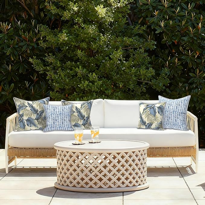 LVTXIII Outdoor Throw Pillows 18x18 Patio Waterproof Square Pillows with Piping Fade Resistant Accent Pillow for Spring Summer Garden Decoration, Set of 2, ‌Lush Palm Blue