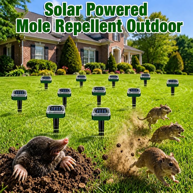 Ultrasonic Solar Mole Repeller – Long-Lasting Outdoor Rodent Deterrent for Yard Flower Beds Garage, Effectively Repels Moles Gophers Voles Shrews-10Pack