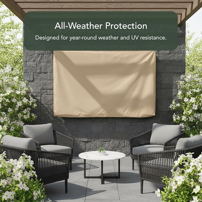 Covermates Outdoor Full TV Cover – Water-Resistant All-Weather Protection for Mounted & Freestanding TVs, 12-Gauge Vinyl with Remote Pocket & Secure Touch Fastener Closure, 65-68 Inches, Classic Tan