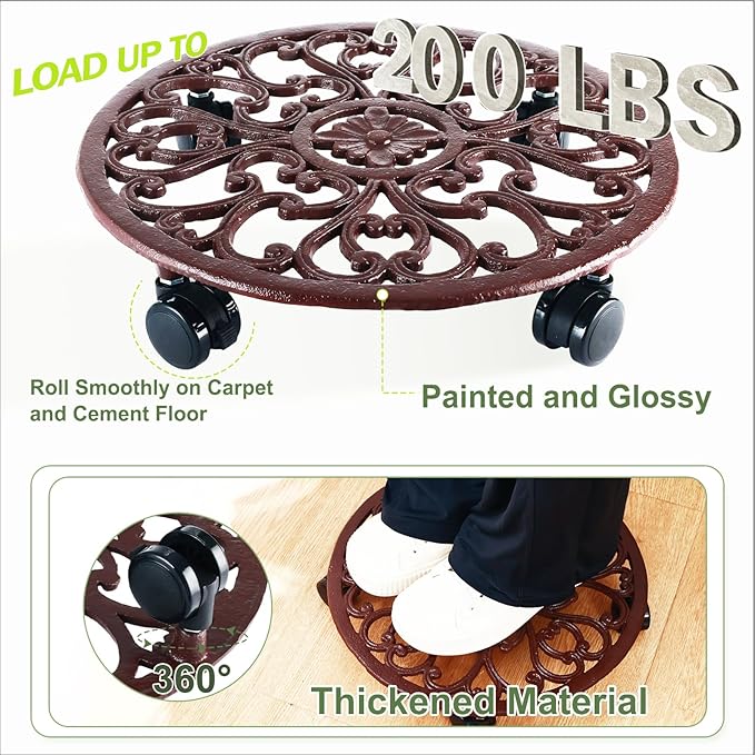 3 Packs 14 Inch Rolling Plant Stand with Wheels Metal Plant Caddy with Wheels Heavy Duty Round Plant Stand Indoor Iron Plants Rollers for Plants, Plant Dolly Brown