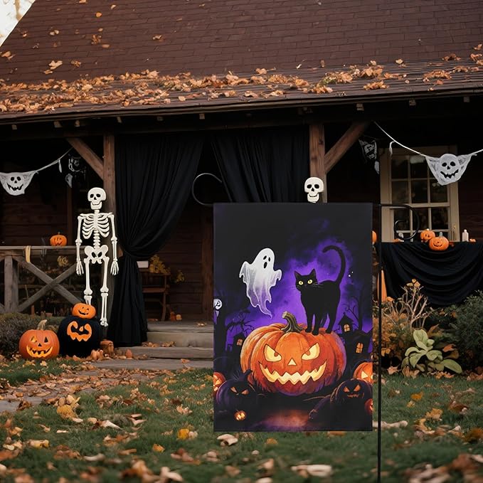 Halloween Pumpkin Ghost Black Cat Garden Flag 12x18 Inch Tree House Shadow Spooky Scary Holiday Decorative Yard Flags for Outside Double Sided Outdoor Home Farmhouse Decoration Porch Decor