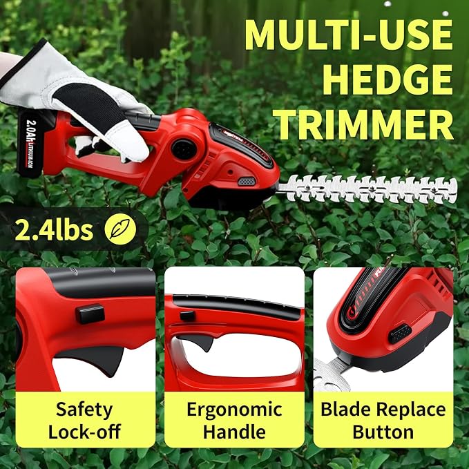 FULLYEA Cordless Hedge Trimmer & Grass Shears, 2-in-1 Electric Shrub Trimmer/Grass Trimmer with 2 Batteries, Handheld Grass Cutter Bush Trimmer, Battery Powered Hedge Trimmer for Garden,Lawn,Yard