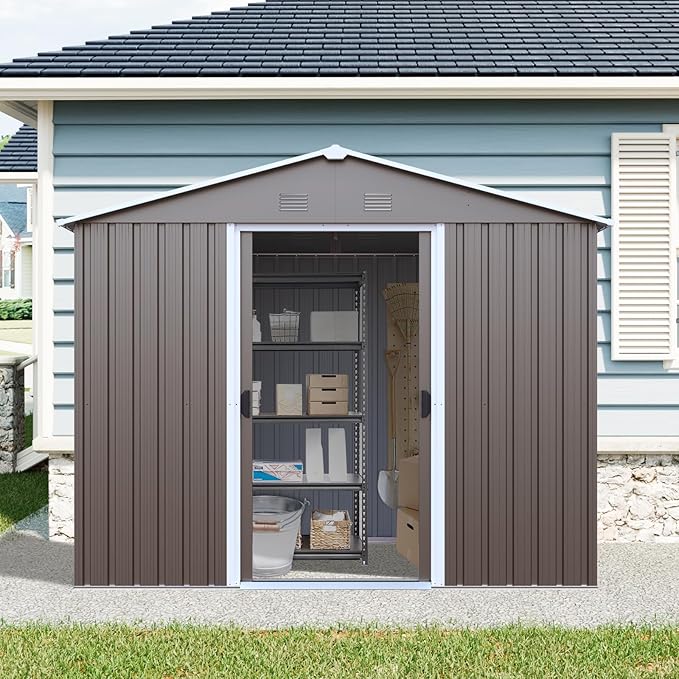 KEIKI 8x4 FT Outdoor Metal Storage Shed with Peaked Roof,Vents,Window and Metal Foundation for Garden Yard Lawn