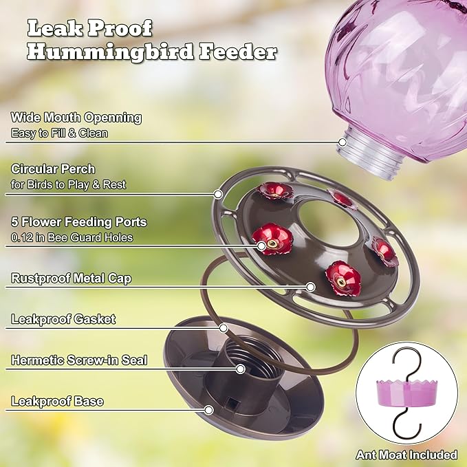 Auslar 26 Ounces Hummingbird Feeder, Purple Hummingbird Feeders for Outdoors Hanging, Ant Moat and 5 Flower Feeding Ports, Fade Proof, Rustproof, Leakproof, Netted Flower Bud Shape Bottle