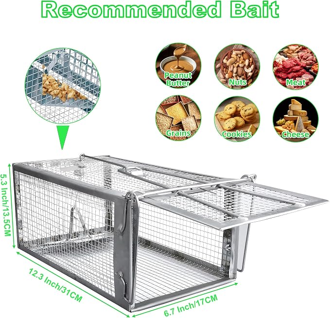 Humane Rat Traps 2-Pack, No Kill Small Animal Cage Trap, Live Mouse Trap Cage Catch and Release, Trampa para Ratones, Chipmunk Rodent Trap that Work for Indoor and Outdoor - 12.3" L x 6.5" W x 5.3" H