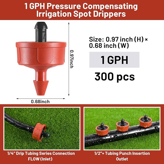 300 PCS 1 GPH Pressure Compensating Drip Irrigation Spot Watering Dripper, Standard Flow Drip Irrigation Emitters Heads for Vegetables Flowers Irrigation Drippers Parts for Outdoor Garden Beds Balcony