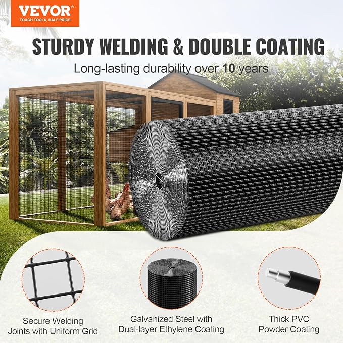 VEVOR Hardware Cloth, 36'' x 100' 1/2inch Galvanized Wire Mesh Roll, 19 Gauge Chicken Wire Fencing Roll, Vinyl Coating Metal Wire Mesh for Chicken Coop Barrier, Rabbit Snake Fences, Poultry Enclosures