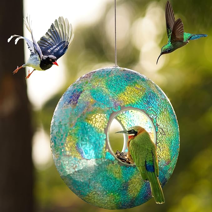 DUSVALLY 9" H Round Fly Through Bird Feeder Squirrel Proof for Garden Wild Seed, Crackled Glass Mosaic Outdoor Hanging Feeder for Bird Lovers, Blue & Yellow