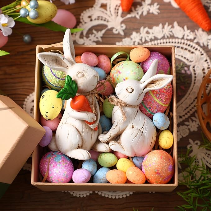 Simgoing 2 Pcs Easter Bunny Figurines Decorations Rabbit Resin Statues Easter Figure Statues Beige Rabbit Figurines Decorations for Holiday Vintage Farmhouse Home Table Centerpieces Ornament Gifts