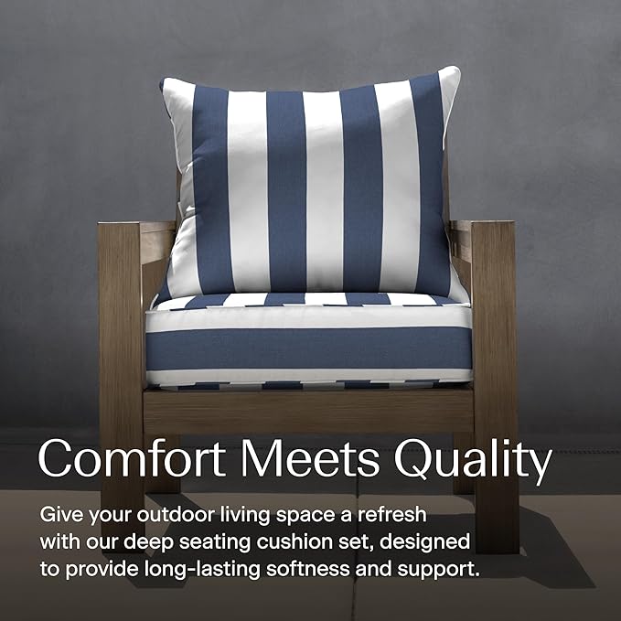 Honeycomb Outdoor Heritage Deep Seat, 25 x 26, Cabana Stripe Blue & White Chair Cushion with Removable Cover, for Patio Furniture