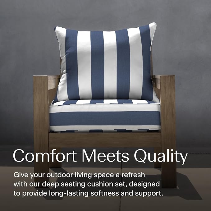 Honeycomb Outdoor Heritage Deep Seat, 23 x 25, Cabana Stripe Blue & White Chair Cushion with Removable Cover, for Patio Furniture