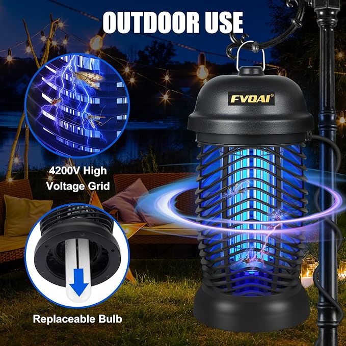 FVOAI Bug Zapper Outdoor, Mosquito Zapper, Fly Zapper, Insect Zapper Electric Fly Traps for 1/2 Acre, Indoor Outdoor Use with 3 Prong Plug-in,4200V, ABS Plastic Outer, Black