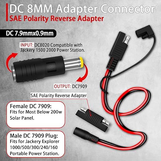 COMeap 6FT 1.8M SAE to DC8mm Female Adapter for Jackery Solar Panel, with Polarity Reverse Adapter DC7909 to DC8020 Converter for Explorer Series/GZ Portable Power Station Solar Generator 14AWG
