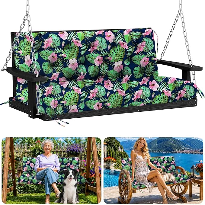 Porch Swing Cushions 70 inch Waterproof & Fade Resistant Thicken 5" Outdoor Swing Cushions 3 Seater Replacement with Backrest & Ties Patio Swing Cushions for Outdoor Furniture (Green Leaves)