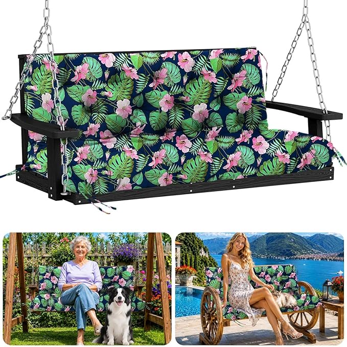 Porch Swing Cushions 48 inch Waterproof & Fade Resistant Thicken 5" Outdoor Swing Cushions 2 Seater Replacement with Backrest & Ties Patio Swing Cushions for Outdoor Furniture (Green Leaves)