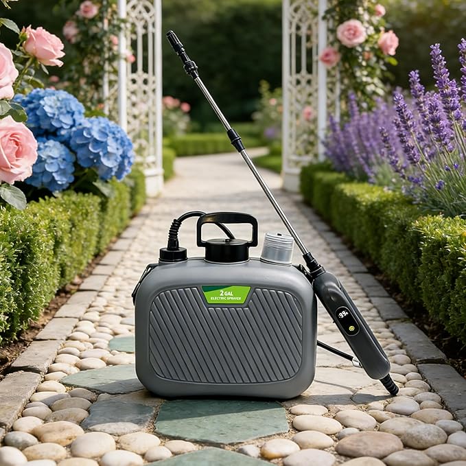 2 Gallon Battery Powered Sprayer, Covers 4,500 Sq Ft per Tank – Electric Sprayer with 3 Interchangeable Nozzles, Handle with Digital Battery Display, for Lawn, Garden & Outdoor Cleaning – Gray
