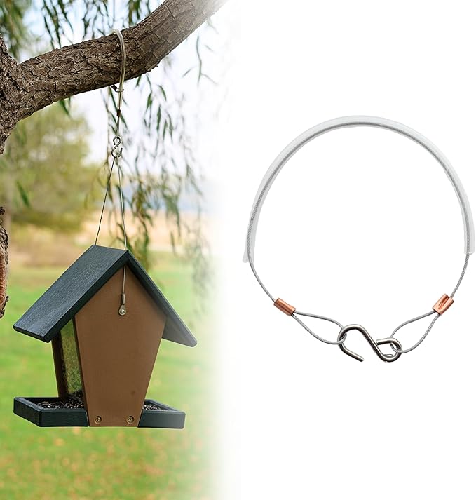 Songbird Essentials Hanging Cable Tree Limb Protector with S Hook - Steel Cable with Silicone Sleeve - Protects Tree Limbs from Heavy Bird Feeders and Decorations - 12 Inch Cable