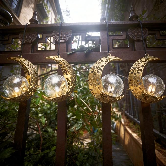 Solar Lanterns Outdoor Waterproof Decor, 4 Pack Hanging Moon Garden Lights Metal Crescent & Crackle Glass Globe, Outside LED Light for Garden, Yard, Patio, Tree, Housewarming Gifts for Women Mom