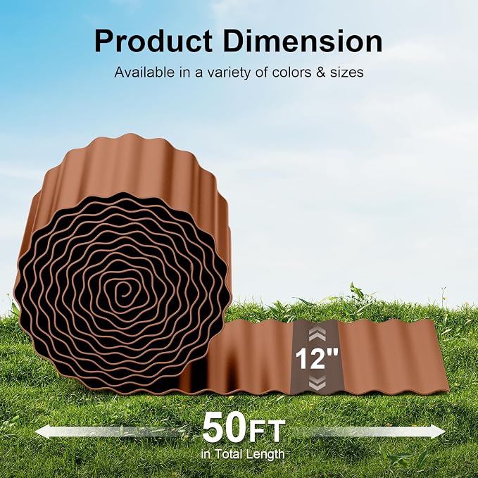 Land Guard Corrugated Garden Edging Border, 12"×50' Landscape Paver Edging, Tall Landscape Edging, Fence for Garden, Flower Bed, Lawn and Landscape Edging (Red Rust)
