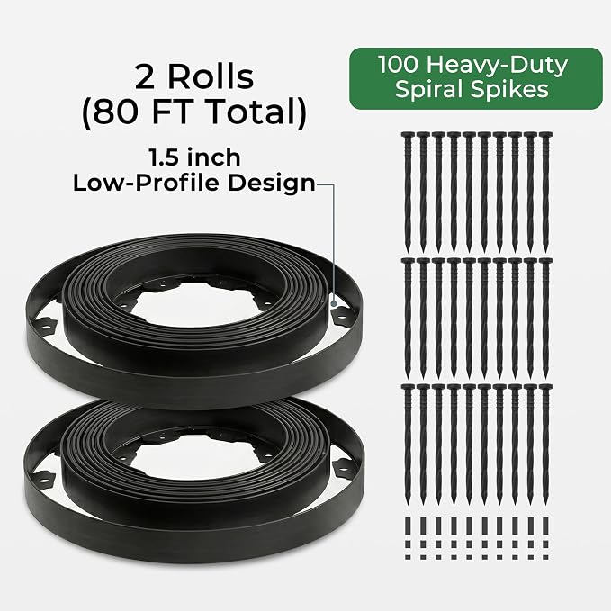 Gardzen 1.5" x 80' Landscape Edging Kit, Garden Edging Coil Comes with 100 Pcs Spikes, No Dig Lawn Border Design