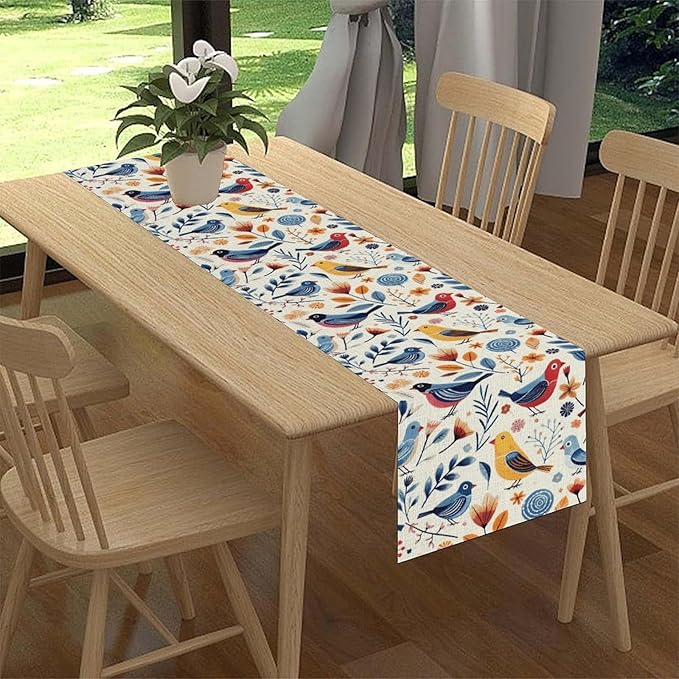 Floral Birds Table Runner, Rustic Seasonal Watercolor Spring Flower Plants Wildfloral Boho Blue Coffee Table Center Decor for Family Kitchen and Dining Farmhouse Party Table Decorations, 13"x36"